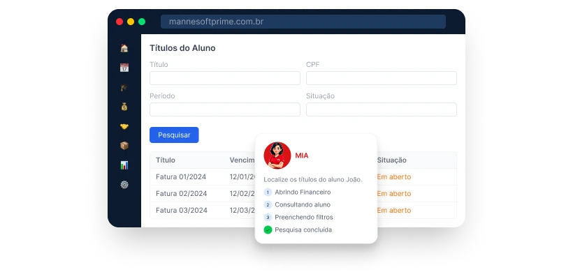 MIA localizando os títulos de um aluno dentro do Mannesoft Prime